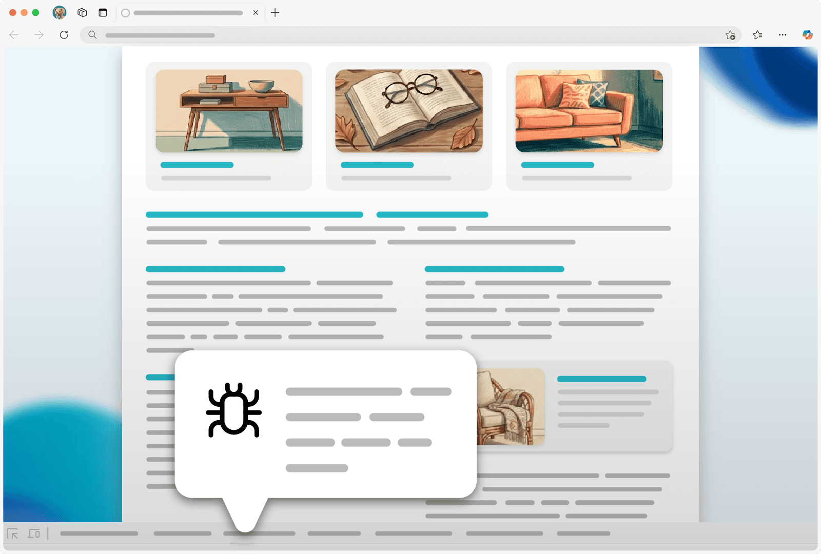 A web page displayed within a browser with an overlay panel from a developer tool showing a bug icon and structured input fields, representing an in-browser issue reporting interface integrated into the browsing experience.