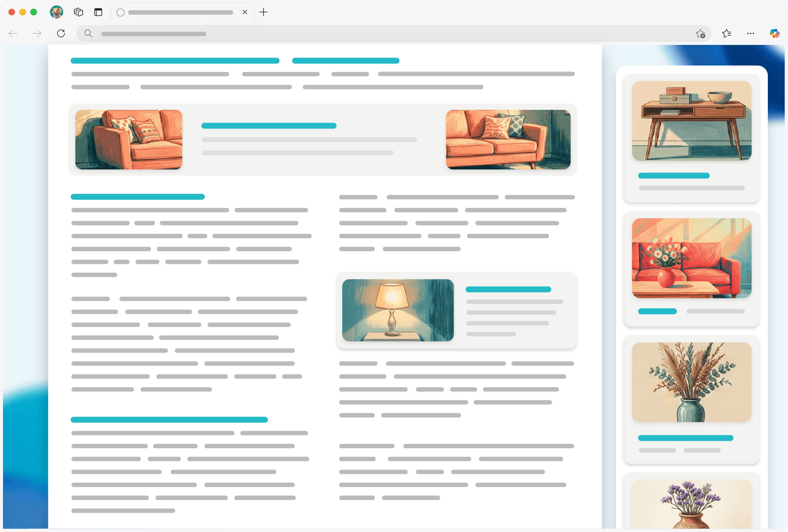 A cluttered web page layout displaying multiple content blocks, including images of furniture, side panels, and promotional-style cards. The main content area is surrounded by distracting elements such as a right-hand sidebar with stacked product cards, embedded images within the article flow, and visually competing sections. The page appears dense and fragmented, with competing focal points and multiple interruptions to the reading experience.