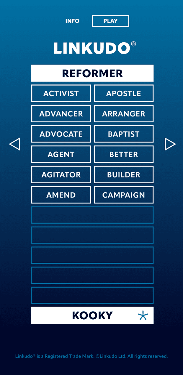 A screenshot of the Linkudo game, displaying the default dark blue theme, and showing the first step in the game.