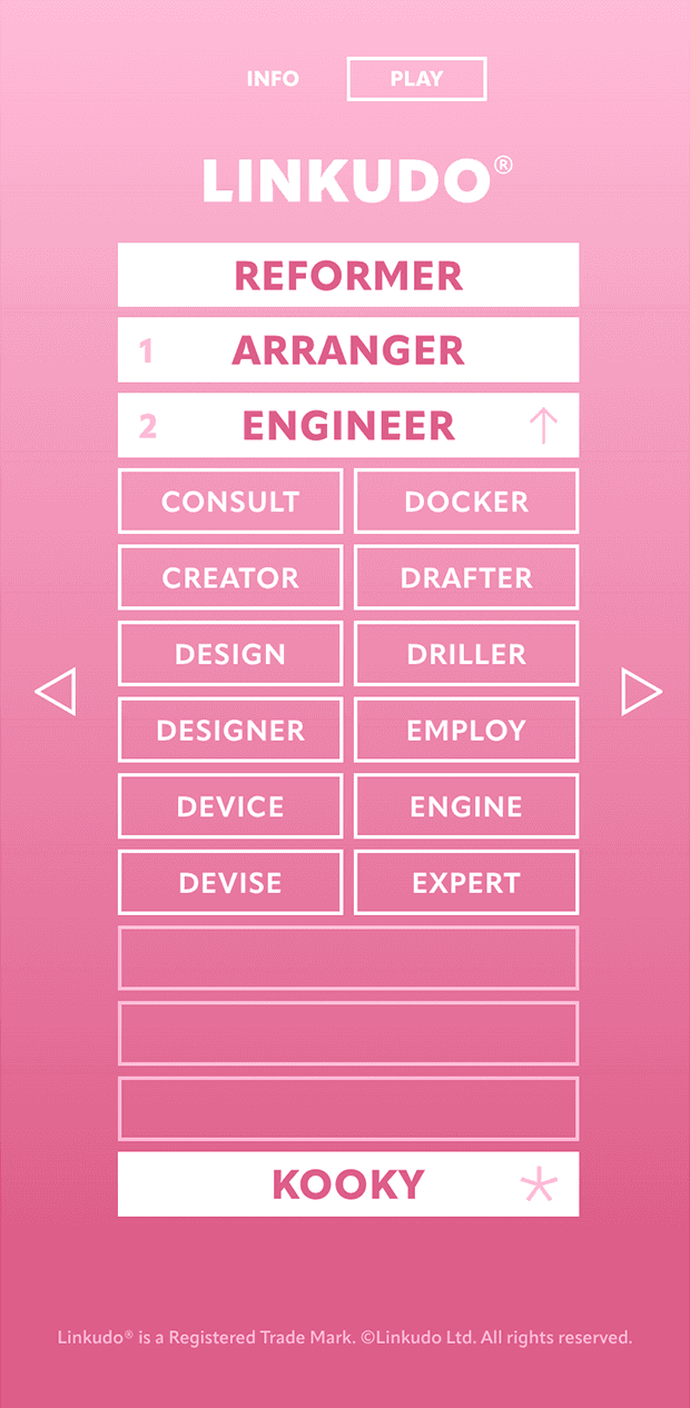 A screenshot of the Linkudo game, displaying the optional pink theme, and showing the third step in the game (having chosen 'Arranger' in the first step, and 'Engineer' for the second step).