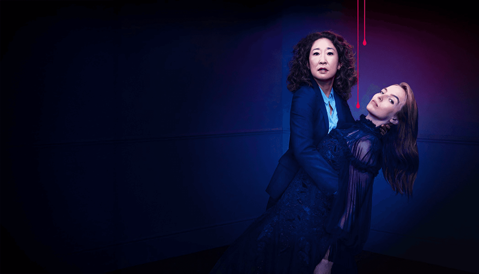 Killing Eve promotional artwork featuring two characters against a dark blue and purple backdrop.