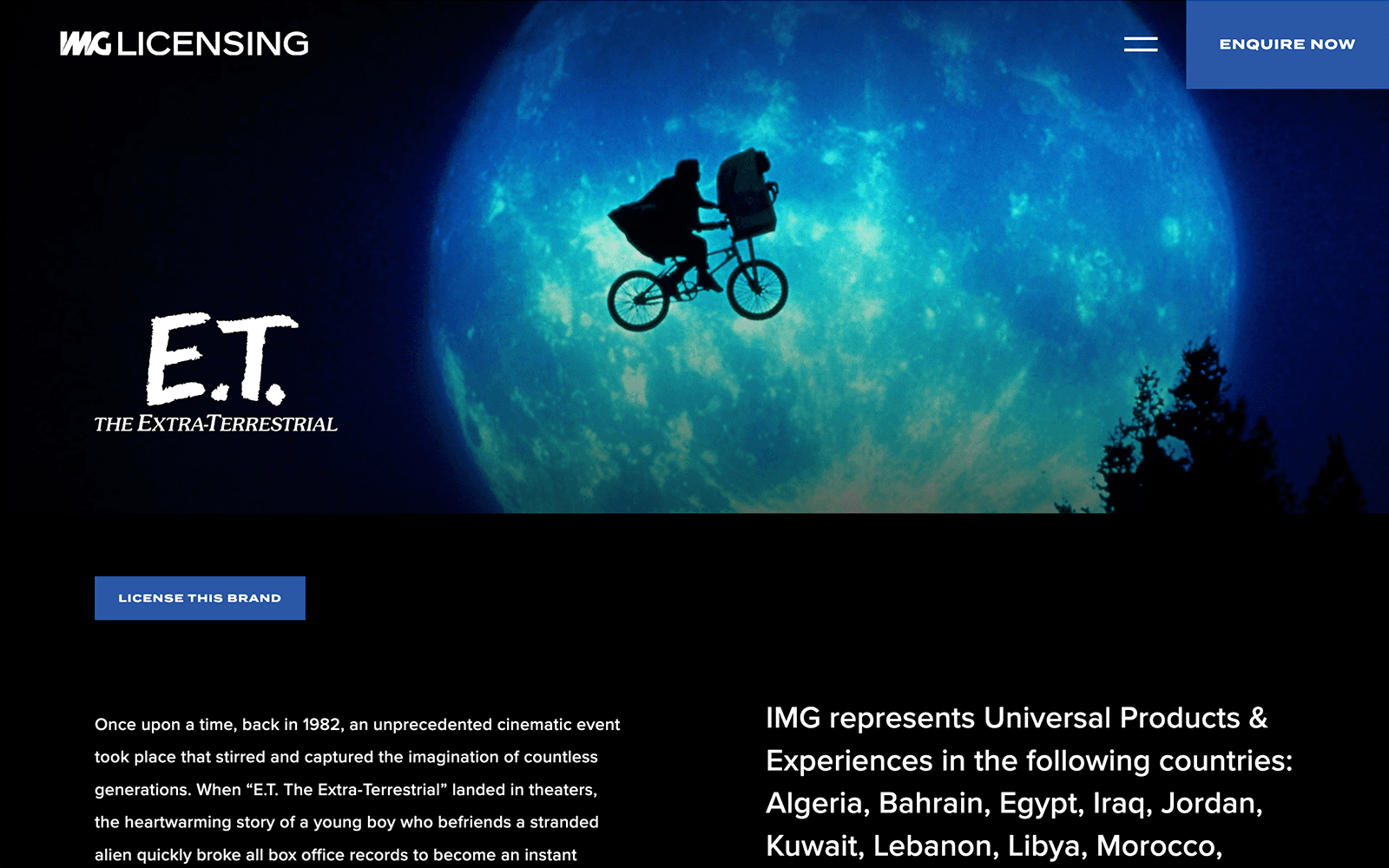 A screenshot of a 2021 IMG Licensing brand page, featuring ET the Extra Terrestrial, as it appeared before the redesign.