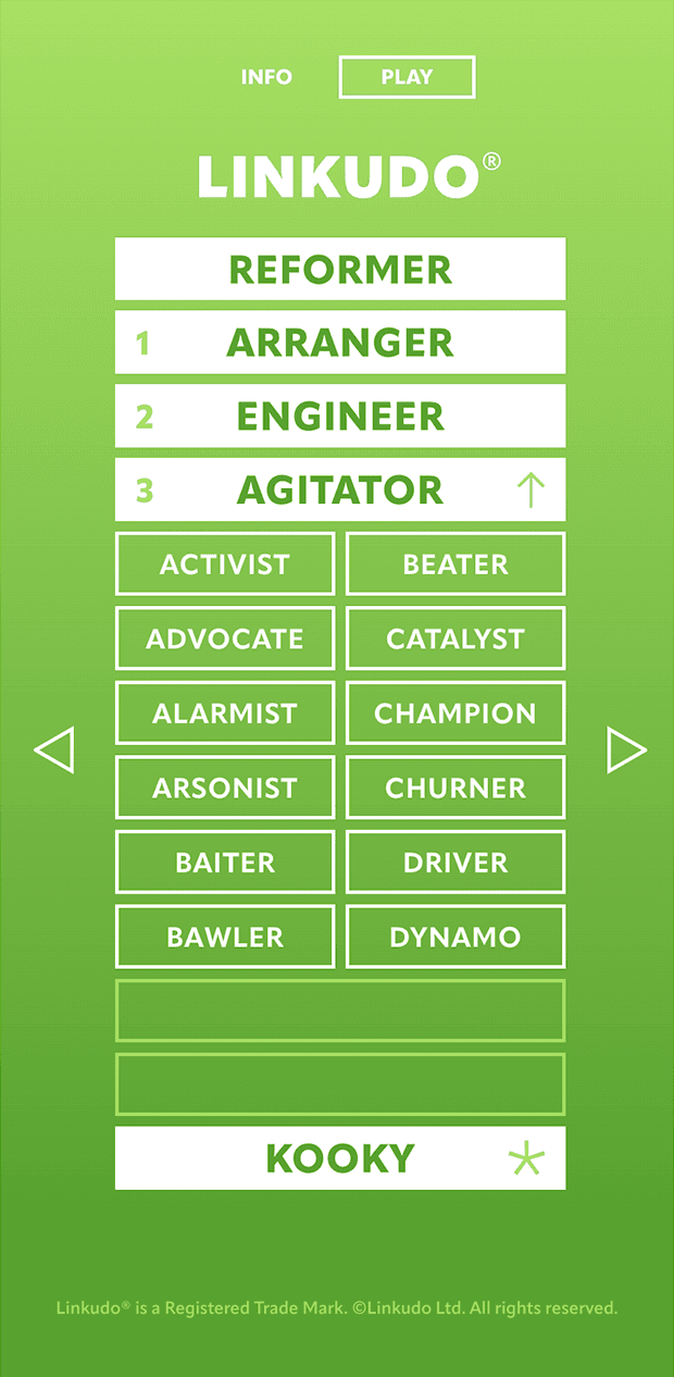 A screenshot of the Linkudo game, displaying the optional green theme, and showing the fourth step in the game (having chosen 'Arranger' in the first step, 'Engineer' for the second step, and 'Agitator' for the third step).