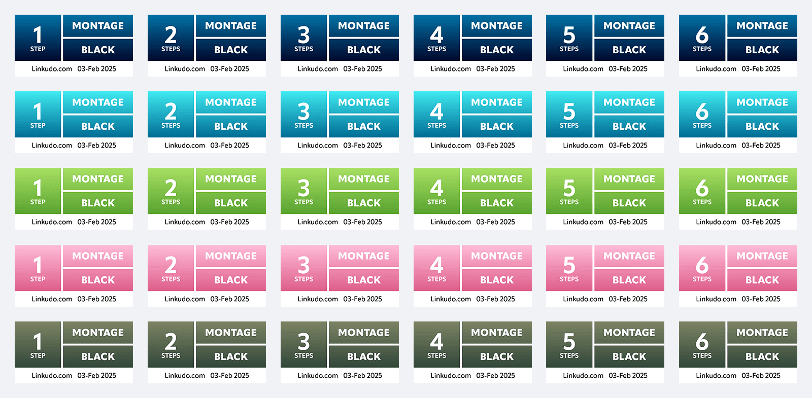 A grid of share images for Linkudo, showing all thirty different possible combinations of steps and themes for each individual game.