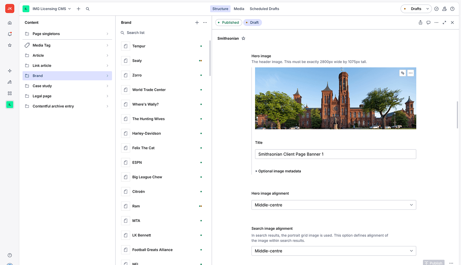 A desktop screenshot of the IMG Licensing CMS interface in Sanity, managing the Smithsonian client page.