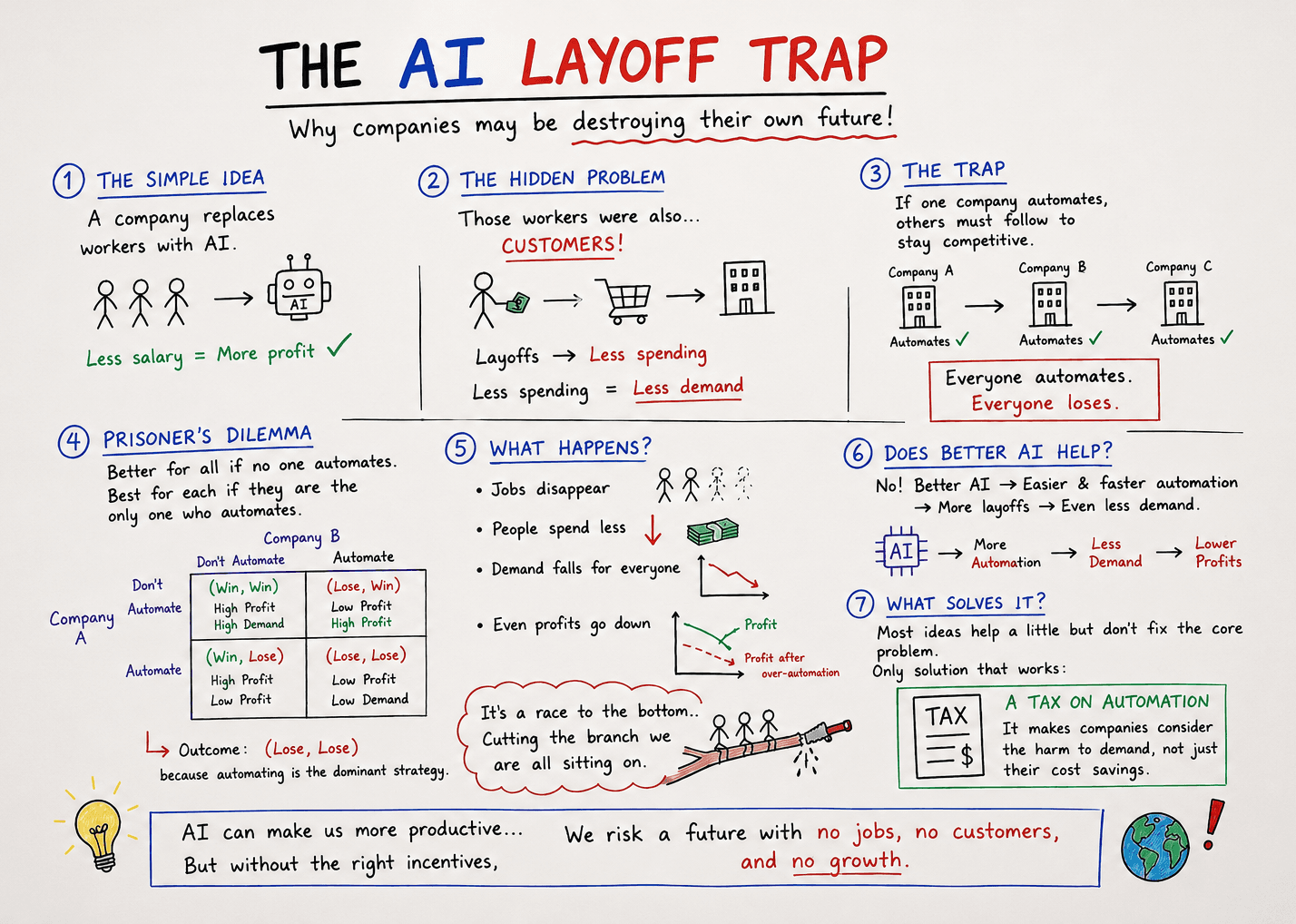 A hand-drawn flow diagram explaining the AI layoff trap, where companies use AI to automate jobs and cut wage costs, but widespread job losses reduce workers’ spending power, weaken customer demand, and push more firms towards further automation.
