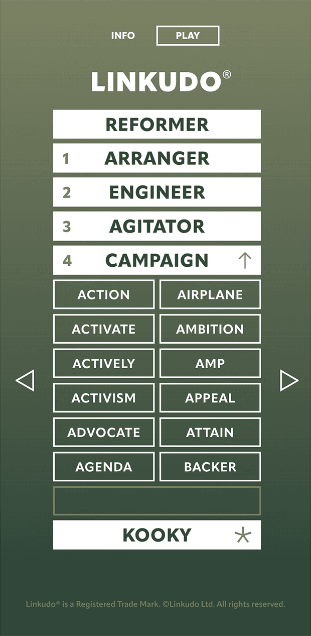 A screenshot of the Linkudo game, displaying the optional sage theme, and showing the fifth step in the game (having chosen 'Arranger' in the first step, 'Engineer' for the second step, 'Agitator' for the third step, and 'Campaign' for the fourth step).