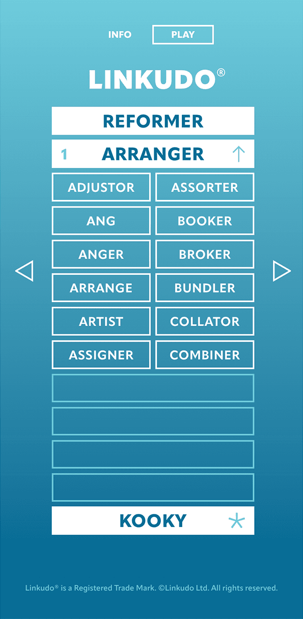 A screenshot of the Linkudo game, displaying the optional light blue theme, and showing the second step in the game (having chosen 'Arranger' in the first step).