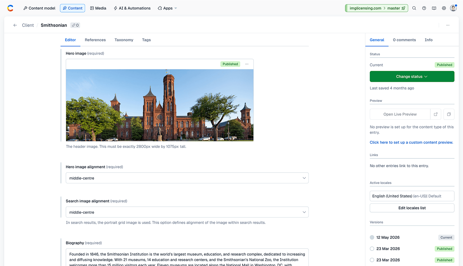 A desktop screenshot of the IMG Licensing CMS interface in Contentful, managing the Smithsonian client page.